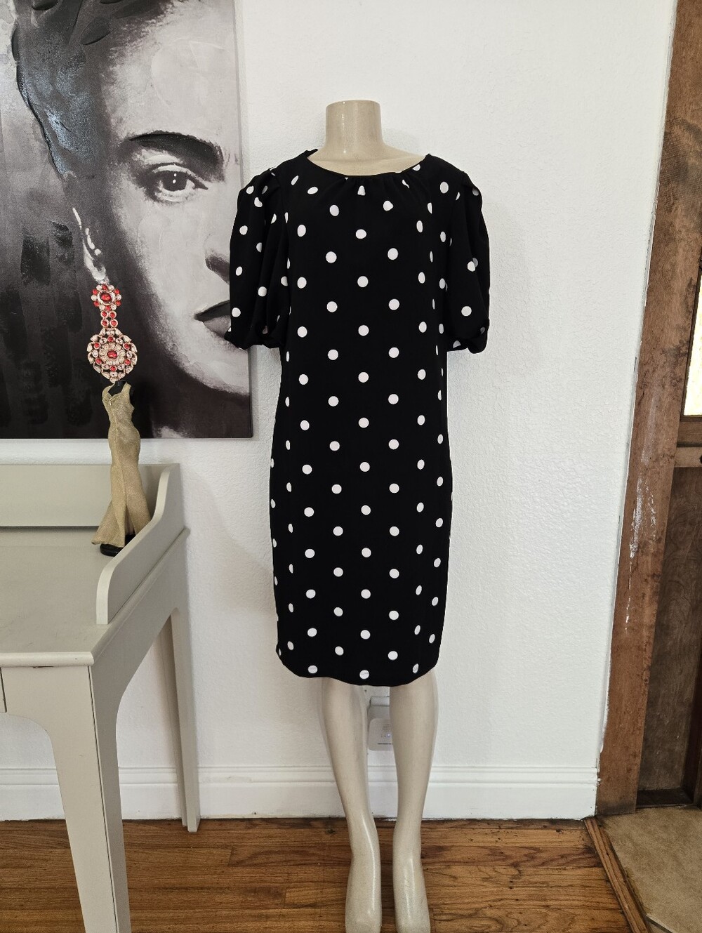 NWT New York & Company Black and White Polka Dot Puff Sleeve Midi Dress Size L
